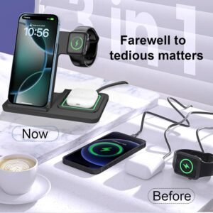 ⚡ Kituo cha Kuchaji Bila Waya cha Kukunjwa cha 3-katika-1 – Chaja ya Haraka ya 15W kwa Simu, Saa na Vifaa vya Kusikilizia Masikioni